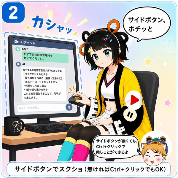 サイドボタンでスクショ（無ければCtrlキーを1回押すだけでもOK）